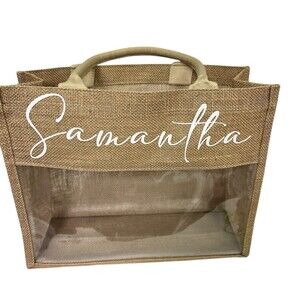 Samantha Jute Tote Bag Clear Vinyl Window Large Beach Travel